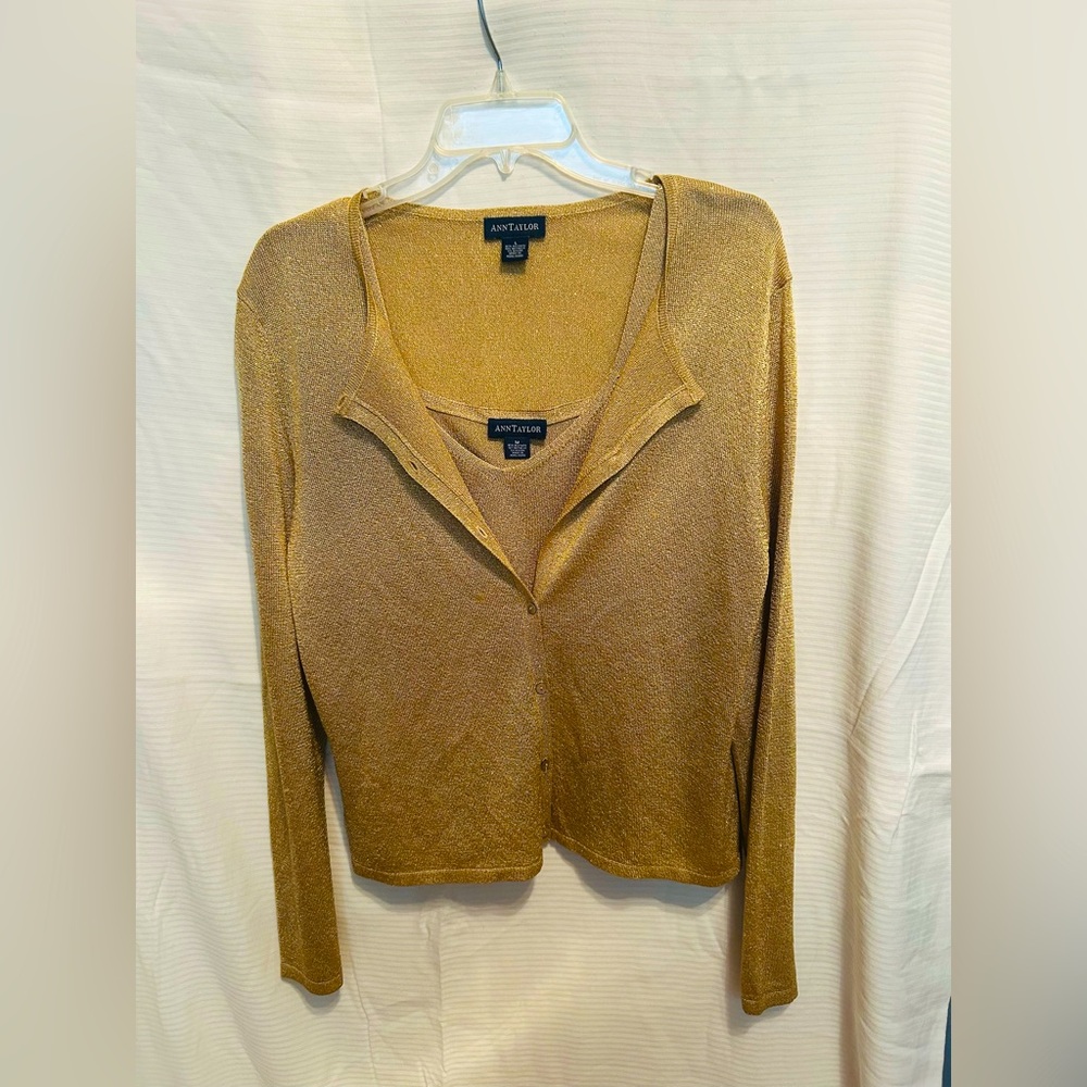 Ann Taylor Gold Shimmer Tank & Cardigan